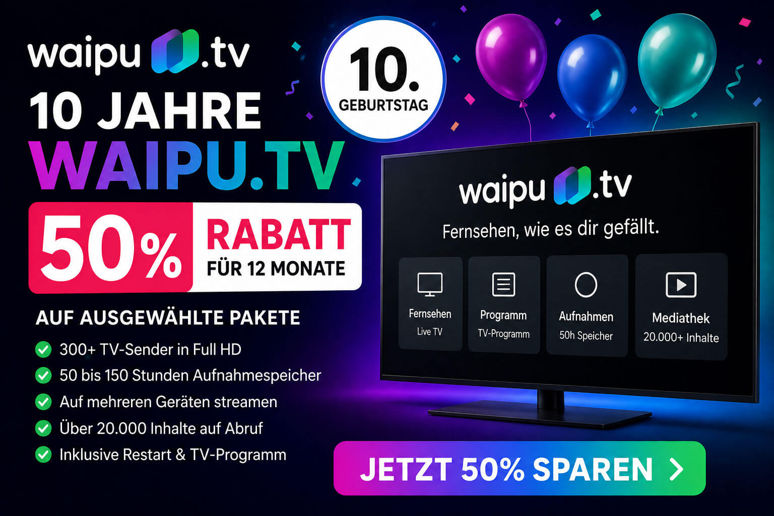 50 % Rabatt bei waipu.tv
